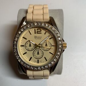 Geneva Champagne Tan Women's Wrist Watch with Rhinestone Crystals Silicone Band
